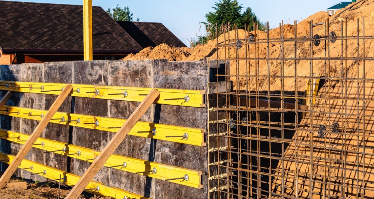 Formwork and rebar for a concrete retaining wall