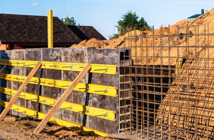 Formwork and rebar for a concrete retaining wall